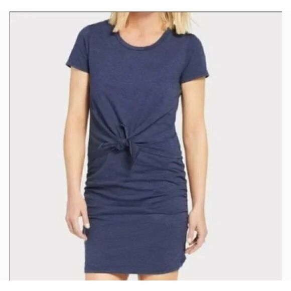 Sundry Shirt Dress Blue Knotted Tie Knot Front Short Sleeve Ruched Bottom - Picture 1 of 8